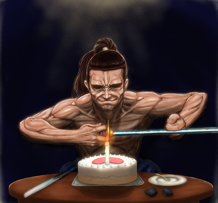 1boy birthday_cake cake candle fire fork holding_weapon japanese_clothes katana muscle muscular_male ponytail samurai shigurui sitting sword table topless weapon