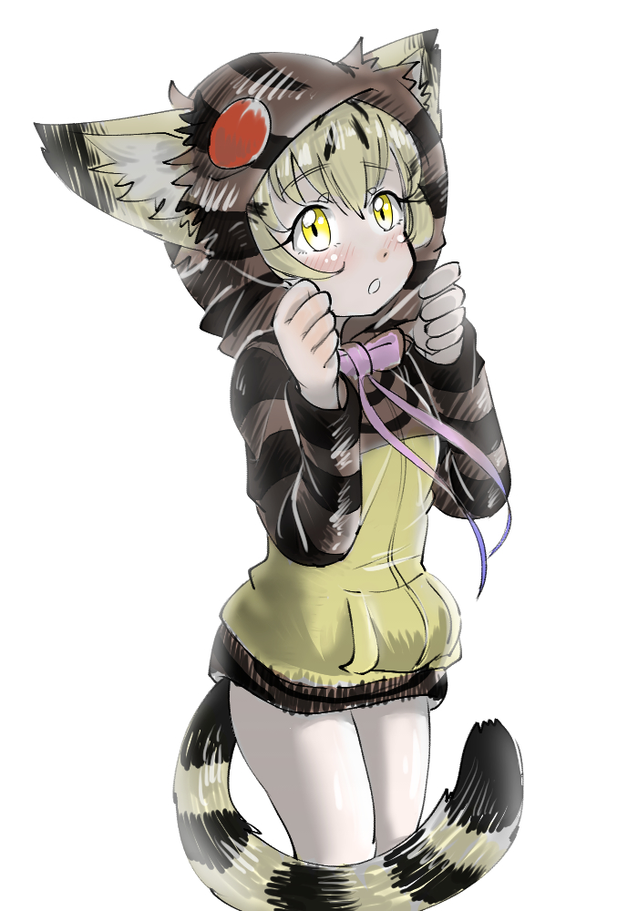 alternate_costume animal_ears bare_legs blonde_hair blush bow bowtie cat_ears commentary_request cosplay cowboy_shot ears_through_headwear eyebrows_visible_through_hair gomu hood hoodie kemono_friends multicolored_hair neck_ribbon ribbon sand_cat_(kemono_friends) short_hair snake_print solo tsuchinoko_(kemono_friends) tsuchinoko_(kemono_friends)_(cosplay) yellow_eyes