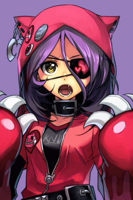 animal_hood belt belt_collar black_shirt claws clothes_writing commentary earrings eyepatch fang hair_between_eyes hands_up hankuri hayasaka_mirei heart hood hood_up idolmaster idolmaster_cinderella_girls jacket jewelry looking_at_viewer open_mouth paws purple_background purple_hair red_jacket saliva shirt simple_background solo unzipped upper_body yellow_eyes