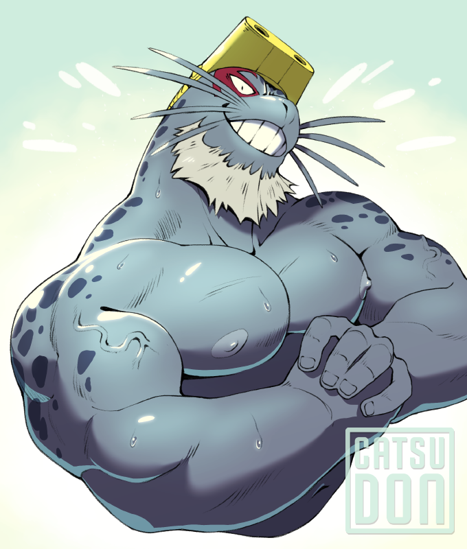 anthro beard biceps big_muscles catsudon digital_media_(artwork) eye_markings eyewear facial_hair flexing goggles goggles_on_forehead goggles_on_head grey_skin looking_at_viewer male mammal marine markings mature_male muscular muscular_male my_hero_academia nipples pecs pinniped seal selkie_(my_hero_academia) smile solo vein veiny_muscles whiskers