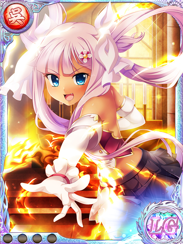 bare_shoulders black_skirt blue_eyes card_(medium) elbow_gloves fang fire gloves hair_ornament hairclip hikage_eiji koihime_musou long_hair midriff miniskirt navel non-web_source official_art open_mouth outstretched_arm pink_hair ribbon shirt skirt solo sonshoukou twintails white_gloves