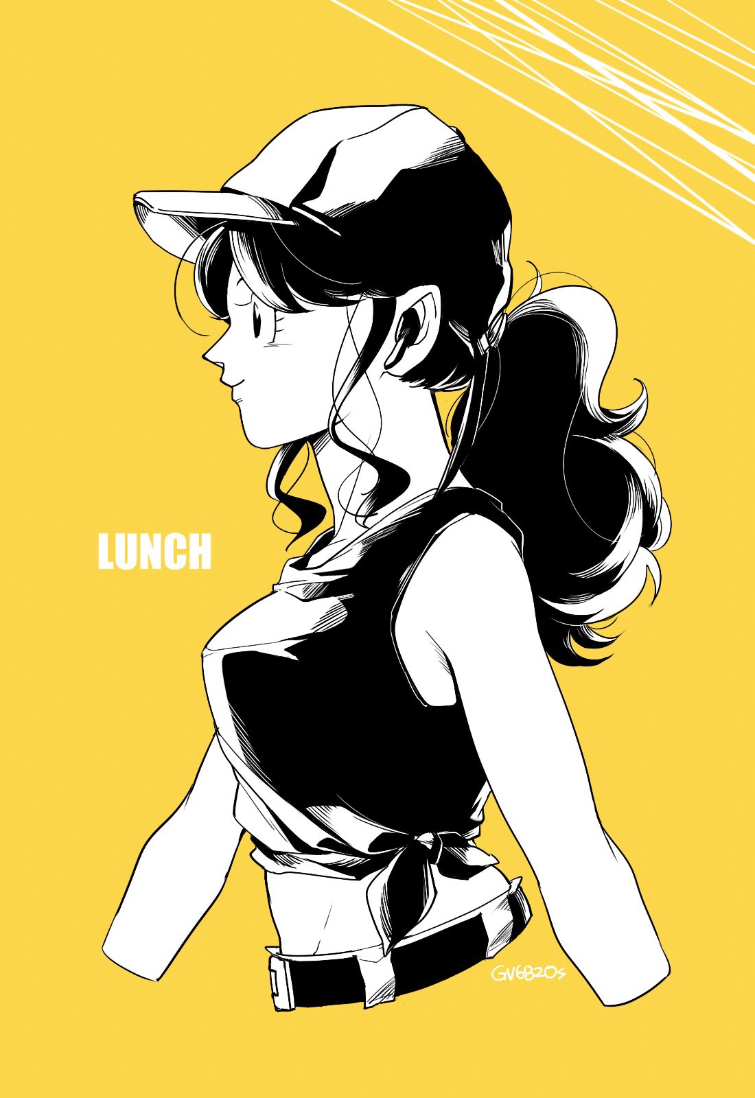 artist_name bare_shoulders baseball_cap belt black_hair character_name cropped_arms cropped_torso dragon_ball dragon_ball_(classic) earbuds earphones hat highres long_hair lunch_(dragon_ball) midriff ponytail protected_link shirt sidelocks solo tama_azusa_hatsu tied_shirt yellow_background