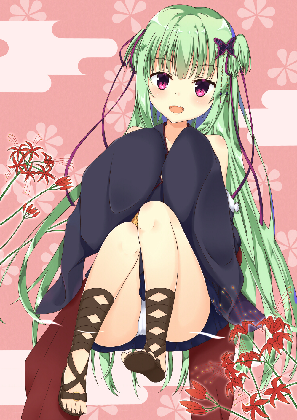 :d aroma0501 bangs bare_shoulders black_kimono blue_skirt blush brown_footwear butterfly_hair_ornament collarbone commentary_request egasumi eyebrows_visible_through_hair flower green_hair hair_ornament hair_ribbon highres japanese_clothes kimono long_hair long_sleeves looking_at_viewer murasame_(senren) obi open_mouth panties purple_eyes purple_ribbon red_flower ribbon sash senren_banka short_kimono sitting skirt sleeves_past_fingers sleeves_past_wrists smile solo toenails two_side_up underwear upper_teeth very_long_hair white_panties