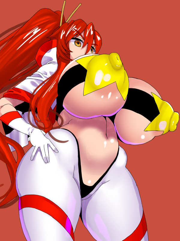 1girl absurdres areola_slip areolae bikini_top boots breasts brown_eyes curvy erect_nipples female gloves hair_ornament high_ponytail highleg_bikini highres huge_breasts long_hair nipples ponytail red_hair shiny solo space_yoko standing tengen_toppa_gurren_lagann thick_thighs thigh_boots thighhighs thighs wide_hips yoko_littner