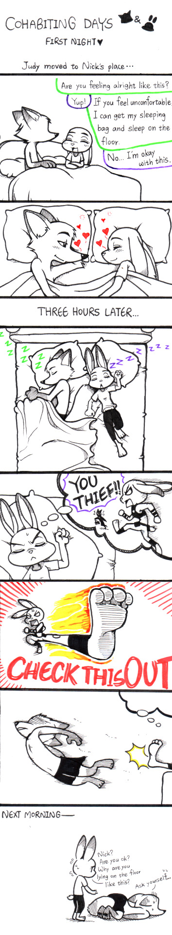 &lt;3 bed black_and_white blush clothed clothing comic disney dream duo english_text female judy_hopps kick lagomorph line_art male mammal monochrome nick_wilde peanut.k rabbit romantic_couple simple_background sleeping sound_effects sweat sweatdrop text topless violence white_background zootopia zzz