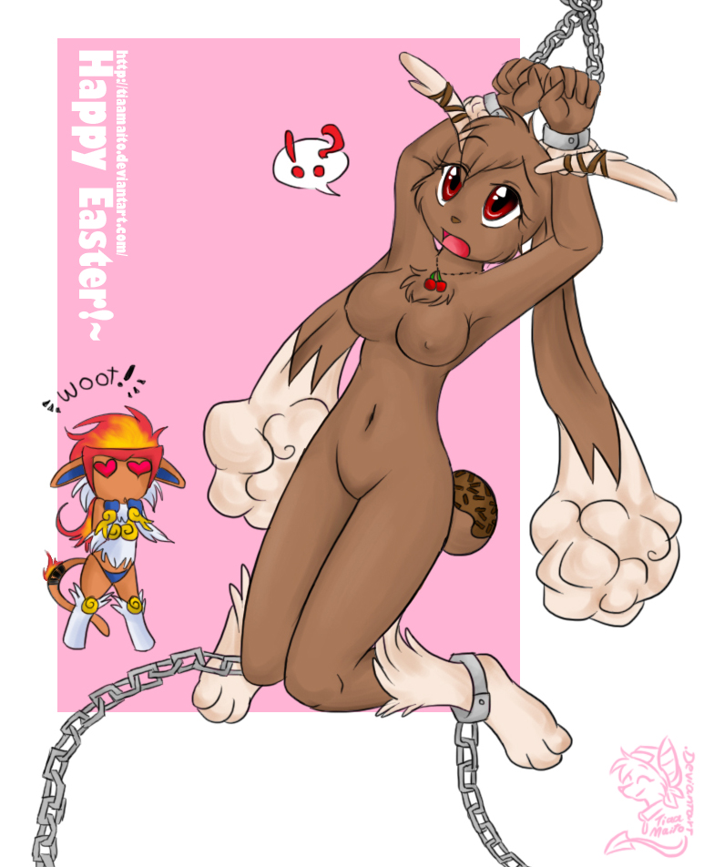 ! &lt;3 &lt;3_eyes ? bdsm bondage border bound breasts brown_fur chain cherry chest_tuft cute english_text female fire fur hand_on_face infernape lacing lagomorph lopunny mammal midair nintendo pink_background plain_background pok&#233;mon pokemon red_eyes shackles sprinkles suspension text thong tiaamaito tuft unconvincing_armor video_games white_background white_fur worried