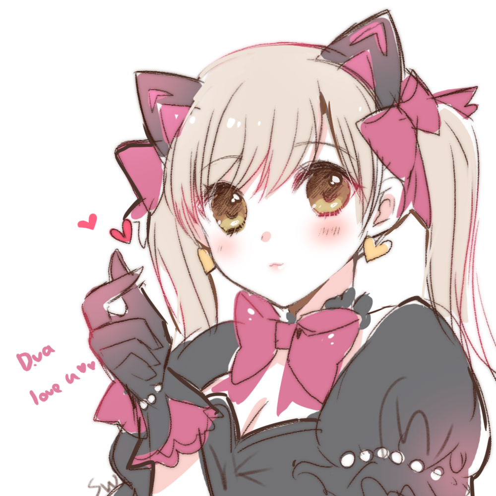 animal_ears atobesakunolove black_cat_d.va black_gloves blonde_hair blush bow cat_ears character_name closed_mouth d.va_(overwatch) earrings eyebrows_visible_through_hair gloves green_eyes hair_bow hand_up heart heart_earrings jewelry long_hair looking_at_viewer overwatch pink_bow puffy_short_sleeves puffy_sleeves short_sleeves signature simple_background smile solo twintails white_background