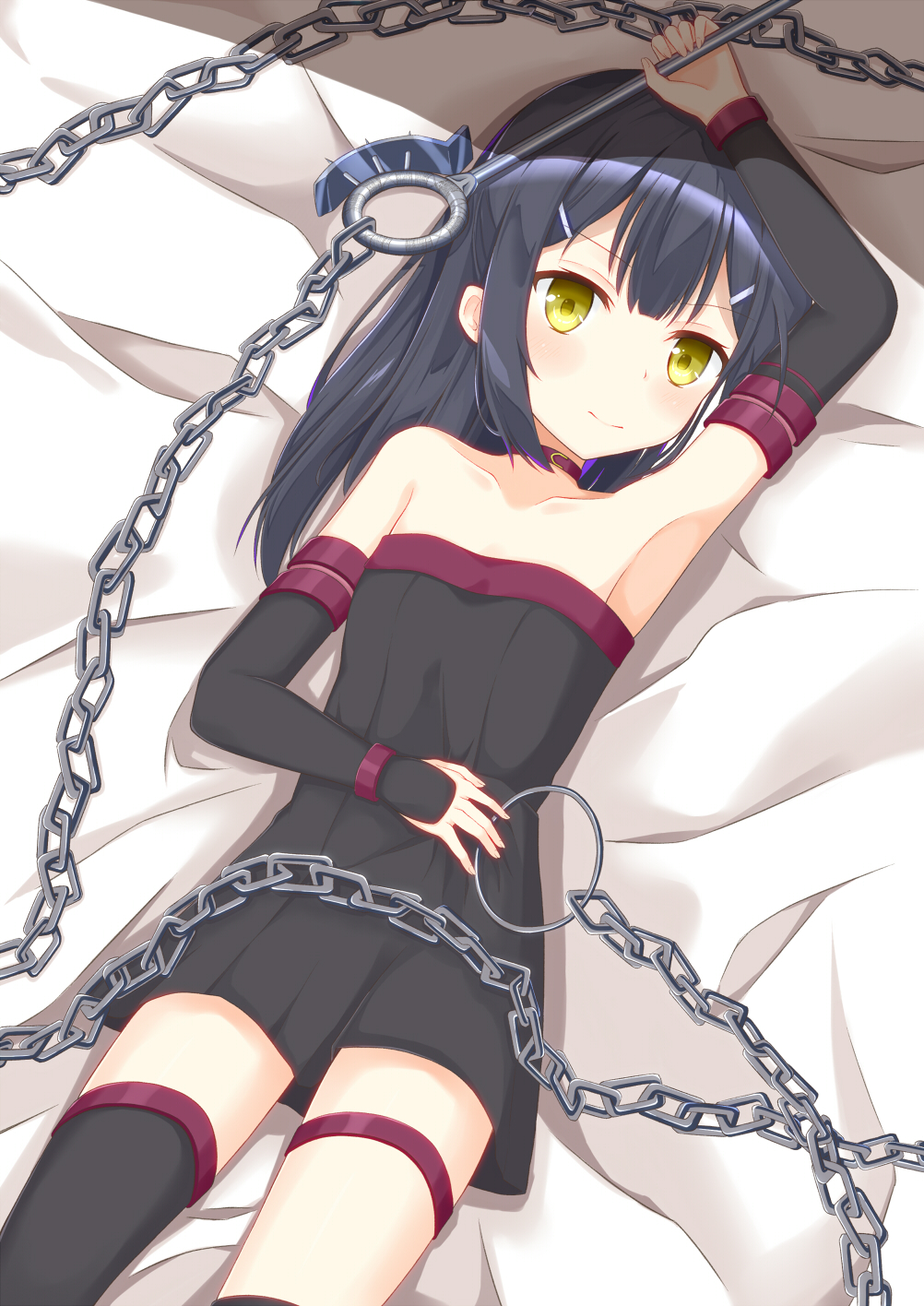 arm_up armpits aroma0501 asymmetrical_legwear bangs bare_shoulders bed_sheet black_dress black_hair black_legwear blush breasts chain closed_mouth collarbone commentary_request cosplay detached_sleeves dress eyebrows_visible_through_hair fate/kaleid_liner_prisma_illya fate/stay_night fate_(series) fingernails hair_between_eyes highres holding long_hair long_sleeves looking_at_viewer lying miyu_edelfelt nameless_dagger on_back rider rider_(cosplay) sidelocks sleeves_past_wrists small_breasts solo strapless strapless_dress thighhighs yellow_eyes
