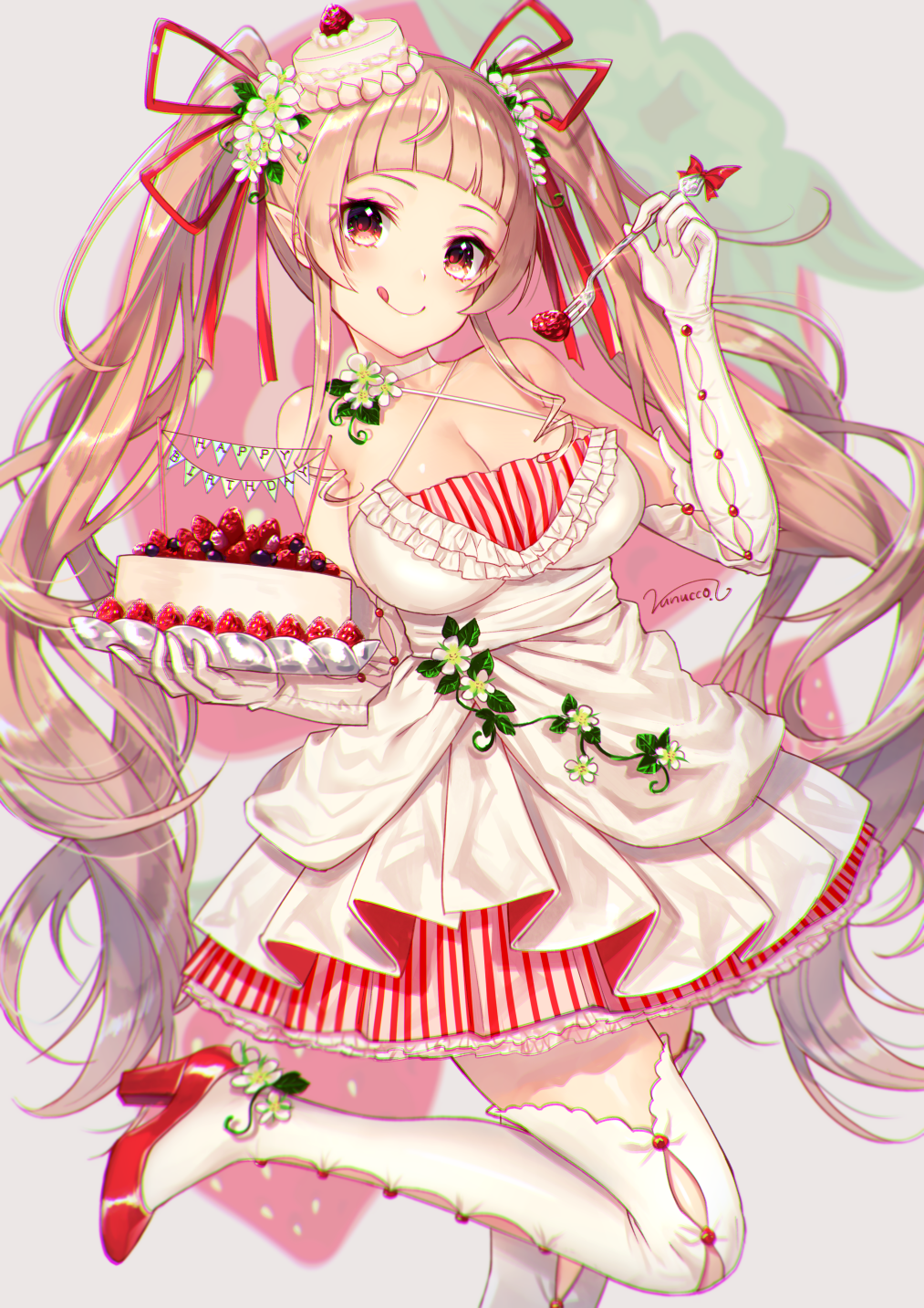 :q bad_id bad_pixiv_id bangs bare_shoulders blush bow cheesecake choker closed_mouth commentary_request criss-cross_halter dress elbow_gloves food fork fruit gloves hair_ribbon halterneck head_tilt high_heels highres holding holding_fork light_brown_hair long_hair looking_at_viewer nunucco original pointy_ears red_bow red_eyes red_footwear red_ribbon ribbon sidelocks signature smile solo standing standing_on_one_leg strawberry thighhighs tongue tongue_out twintails very_long_hair white_choker white_dress white_gloves white_legwear