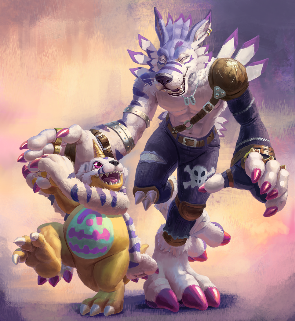 abs ambiguous_gender anthro barefoot big_feet canine claws clothed clothing cute digimon fangs fur gabumon mammal muscular navel open_mouth pants pecs purple_eyes running sharp_claws sharp_teeth size_difference slightly_chubby smile spectrumshift teeth toe_claws topless torn_clothing were weregarurumon werewolf whiskers wolf