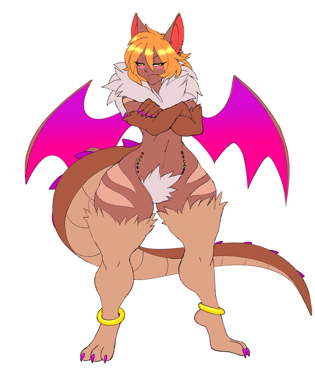anklet bat blonde_hair blush claws crotch_tuft dragon ear_piercing female fluffy grumpy hair humanoid_face hybrid jewelry kazudanefonfon mammal membranous_wings neck_tuft nude piercing rav solo thick_thighs tuft wings yellow_eyes