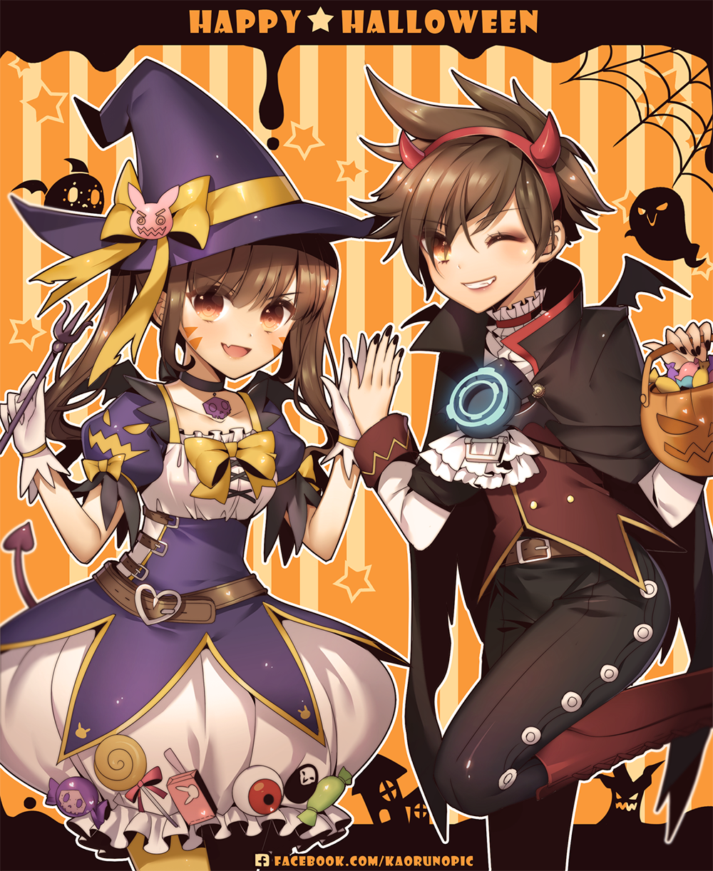 :d ascot atobesakunolove belt black_nails black_pants bow brown_eyes brown_hair bubble_skirt candy commentary d.va_(overwatch) english english_commentary eyebrows_visible_through_hair facial_mark fang fingernails food ghost gloves grin hairband halloween happy_halloween hat hat_bow highres holding horns long_hair looking_at_viewer multiple_girls nail_polish one_eye_closed open_mouth overwatch pants puffy_short_sleeves puffy_sleeves purple_hat short_hair short_sleeves skirt smile striped striped_background tracer_(overwatch) twintails v-shaped_eyebrows white_gloves witch witch_hat