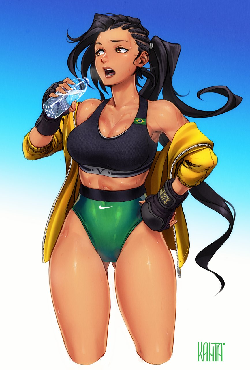alternate_costume alternate_hairstyle ass_visible_through_thighs asymmetrical_hair black_hair bottle brazil brazilian brazilian_flag breasts brown_eyes cleavage commentary cornrows cropped_legs dark_skin fingerless_gloves gloves hand_on_hip highres jacket kanta-kun large_breasts laura_matsuda lips long_hair looking_to_the_side midriff nike nose official_art open_clothes open_jacket open_mouth ponytail short_shorts shorts solo sports_bra standing street_fighter street_fighter_v sweat thighs water_bottle