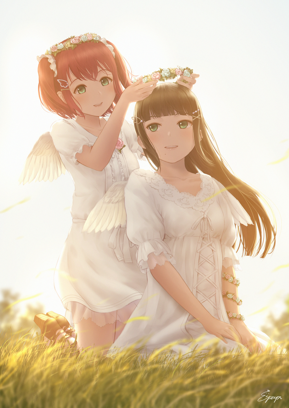 bangs black_hair blunt_bangs commentary_request corsage cross-laced_clothes dress feathered_wings flower_bracelet frilled_sleeves frills grass green_eyes hair_ornament hairpin happy head_wreath high_heels highres kneeling kurosawa_dia kurosawa_ruby long_hair love_live! love_live!_sunshine!! meadow mole mole_under_mouth multiple_girls papi_(papiron100) parted_lips puffy_short_sleeves puffy_sleeves red_hair scrunchie short_sleeves siblings signature sisters sitting smile two_side_up white_background white_dress white_scrunchie white_wings wing_hair_ornament wings wrist_flower x_hair_ornament