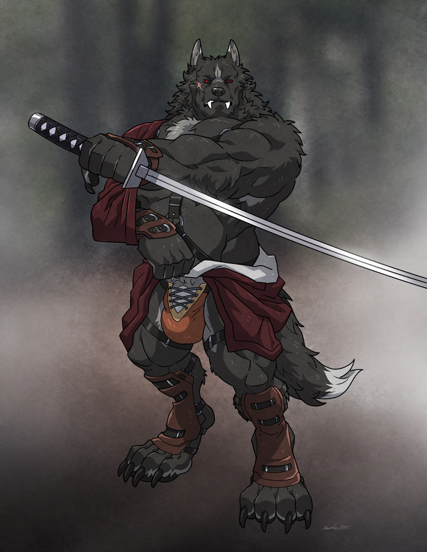 2017 4_toes 5_fingers anthro armor biceps biped black_claws black_fur black_nose black_sclera black_tail broken_bone bulge canine claws clothed clothing digital_media_(artwork) digitigrade dipstick_tail facial_scar fangs fluffy fluffy_tail front_view full-length_portrait fur greaves holding_object holding_weapon jockstrap katana kougatalbain looking_at_viewer male mammal melee_weapon multicolored_tail muscular muscular_male orange_bottomwear orange_clothing orange_underwear portrait red_eyes scar signature solo standing sword tatsuyo_talbain toe_claws toes topless two_tone_tail underwear vambraces weapon wfa white_tail wolf