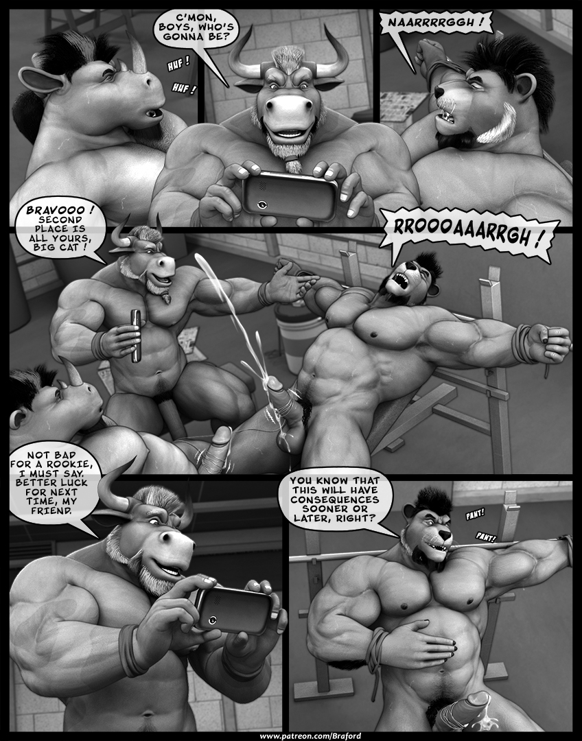 2018 3d_(artwork) abs anthro balls bdsm beard biceps big_muscles big_penis body_hair bound bovine braford cattle chest_hair chuck_(braford) comic cum cumshot dialogue digital_media_(artwork) dozer_(braford) ejaculation electrostimulation erection eyes_closed facial_hair fangs feline greyscale group group_sex hair handcuffs horn huge_muscles humanoid_penis kurt_(braford) lion male male/male mammal moan monochrome muscular muscular_male navel nipples nude obliques open_mouth orgasm pecs penis rhinoceros sex sex_toy shackles smile speech_bubble sweatband teeth threesome tongue tongue_out triceps uncut vein veiny_muscles vibrator