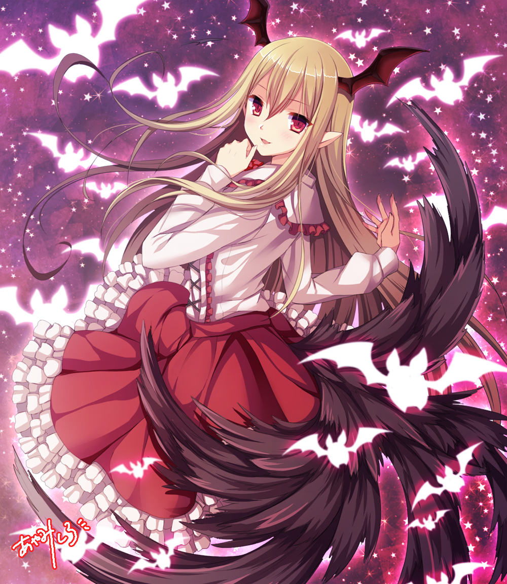 :d ayamisiro blonde_hair floating_hair frilled granblue_fantasy hair_between_eyes horn layered_skirt long_hair multiple_wings open_mouth pointy_ears red_eyes red_skirt shirt skirt smile solo vampy very_long_hair white_shirt wings