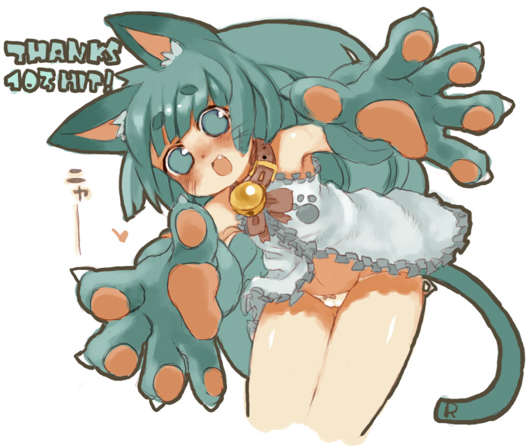 ! &lt;3 5_fingers animal_humanoid bell blue_eyes blue_hair blue_tail cat_humanoid clothed clothing collar feline female front_view gloves hair humanoid inner_ear_fluff japanese_text long_hair mammal panties partially_clothed paw_gloves paws ricosye simple_background text underwear white_background