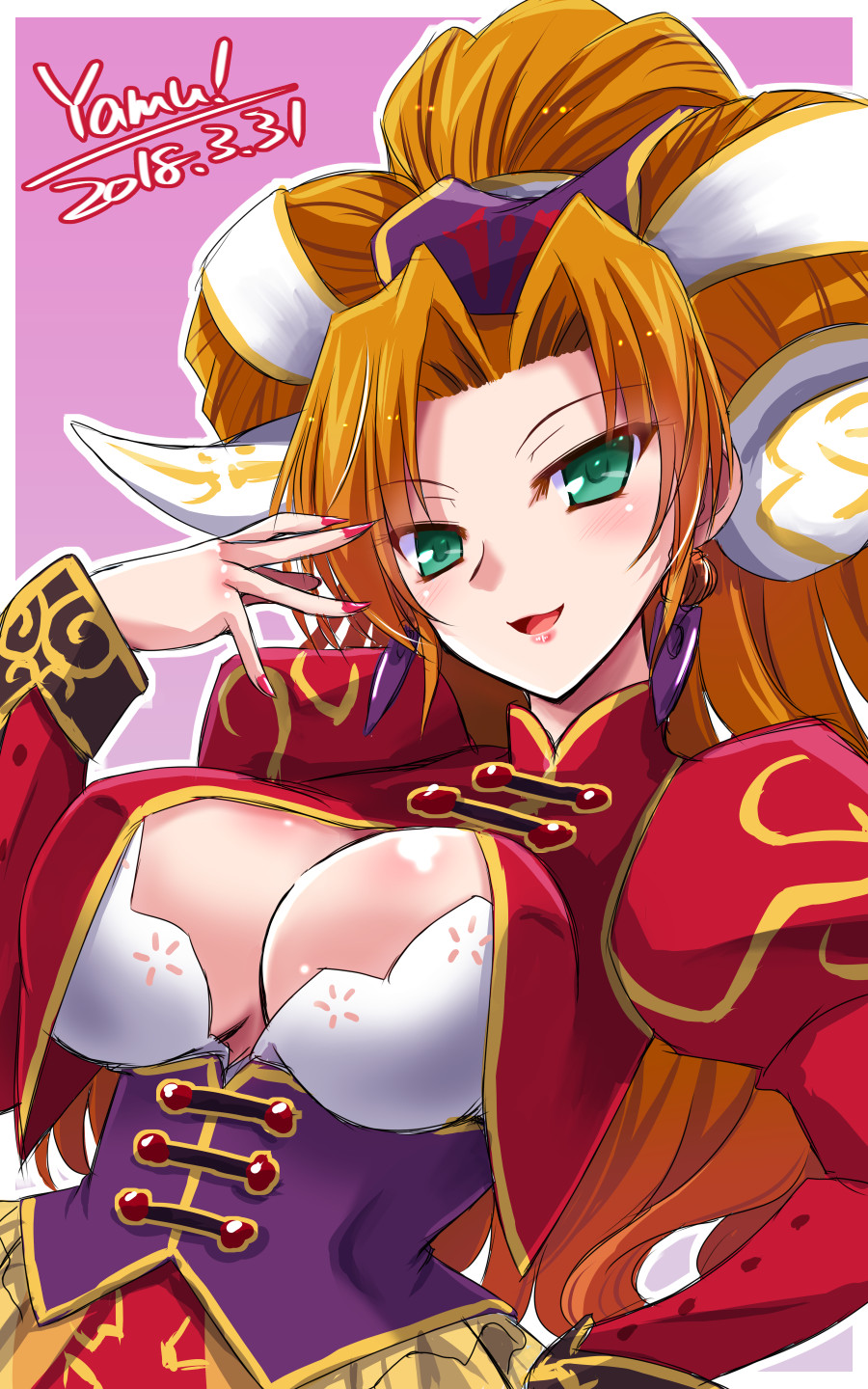 blush breasts cleavage commentary_request corset dated earrings fingernails grandia grandia_ii green_eyes hand_on_hip hand_on_own_face head_tilt highres jacket jewelry juliet_sleeves large_breasts long_hair long_sleeves looking_at_viewer millenia_(grandia) nail_polish puffy_sleeves red_hair sharp_fingernails signature smile solo yamu_(reverse_noise)