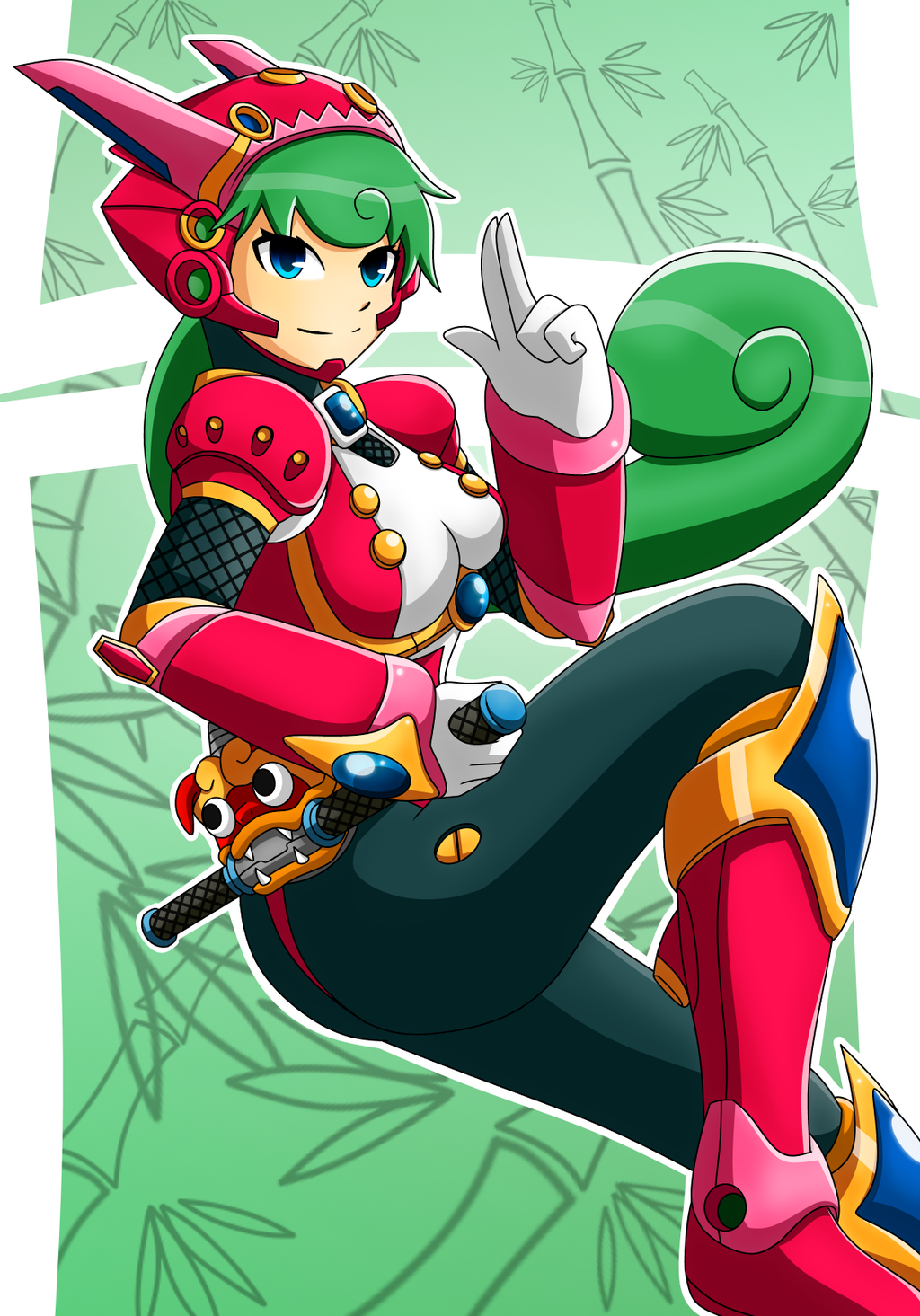 1girl android bamboo bamboo_print blue_eyes boots breasts capcom gloves green_hair hand_gesture headgear helmet holding holding_weapon knee_boots long_hair marino medium_breasts ninja_seal rockman rockman_x rockman_x_command_mission sheath sheathed smile solo solo_focus sunnythesunflower weapon white_gloves