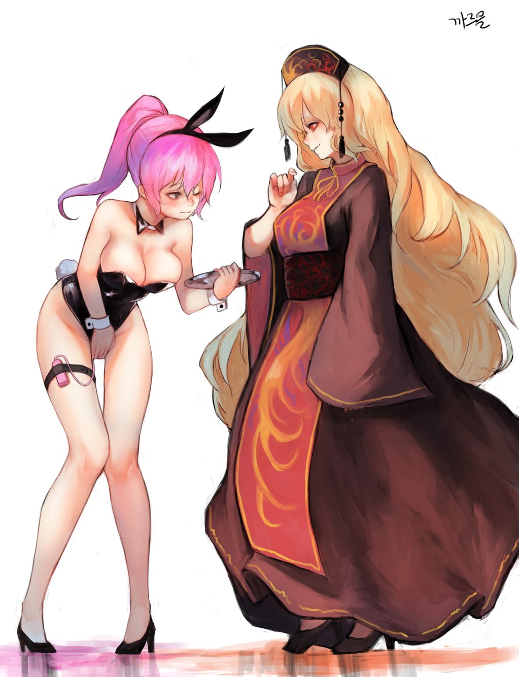 animal_ears bare_arms bare_legs bare_shoulders black_dress black_footwear black_hat black_leotard blonde_hair breasts bunny_ears bunny_tail bunnysuit chinese_clothes cleavage detached_collar dress embarrassed fake_animal_ears fingernails full_body hand_up hat heoningu high_heels highres holding humiliation junko_(touhou) large_breasts leaning_forward leotard long_sleeves multiple_girls object_insertion one_eye_closed pigeon-toed pink_hair ponytail profile red_eyes sash shoes simple_background smile standing tabard tail tassel thigh_strap touhou tray vaginal vaginal_object_insertion vibrator watatsuki_no_yorihime white_background wrist_cuffs yuri