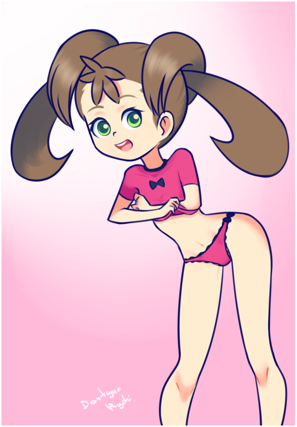 1girl brown_hair female gradient_background green_eyes looking_at_viewer panties ryuhi simple_background smile solo twintails underwear upper_body