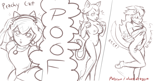 anthro breasts cat clothed clothing covering covering_breasts covering_crotch covering_self duskdragyn feline female fur hair humanoid line_art mammal mario_bros monochrome nintendo nipples nude princess princess_peach pussy royalty simple_background transformation video_games whiskers white_background