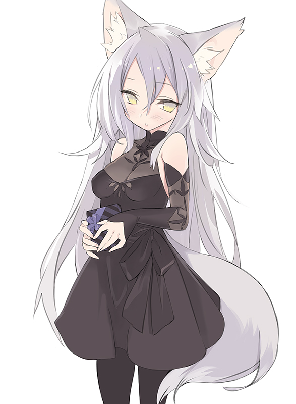 :o alternate_hair_length alternate_hairstyle animal_ears bangs bare_shoulders black_dress black_legwear blade_(galaxist) blush box breasts detached_sleeves dress eyebrows_visible_through_hair gift gift_box hair_between_eyes holding holding_gift long_hair long_sleeves looking_at_viewer medium_breasts pantyhose parted_lips pop-up_story rita_drake see-through silver_hair sleeveless sleeveless_dress sleeves_past_wrists solo tail valentine very_long_hair white_background wolf_ears wolf_girl wolf_tail yellow_eyes