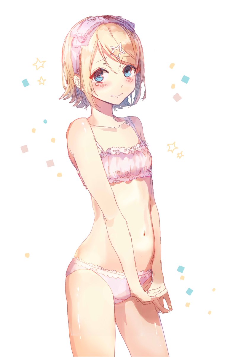bare_arms bare_shoulders blonde_hair blue_eyes blush bow bra breasts cinderella_bust collarbone embarrassed frilled_bra frills hair_bow hair_ornament hair_ribbon hairpin hands_together highres jam_(zamuchi) kagamine_rin lingerie looking_at_viewer midriff navel nervous panties pink_bow pink_bra pink_panties ribbon short_hair shy sketch small_breasts star star_hair_ornament underwear vocaloid