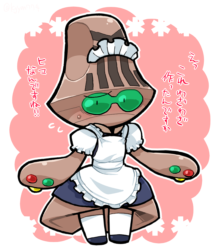 1girl apron beheeyem black_eyes blue_dress blue_footwear blush clothed_pokemon creatures_(company) dress embarrassed female flying_sweatdrops full_body game_freak gen_5_pokemon green_sclera japanese_text kgym774 looking_at_viewer maid_apron nintendo no_humans no_mouth nose_blush outline pink_background pokemon pokemon_(creature) shoes short_sleeves solo standing sweat talking text_focus thighhighs translation_request two-tone_background white_apron white_legwear white_outline