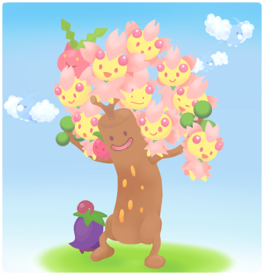cherrim cherry_blossoms cherubi closed_mouth commentary_request creature ditto full_body gen_1_pokemon gen_2_pokemon gen_3_pokemon gen_4_pokemon hoppip looking_down looking_up lowres no_humans open_mouth pokemon pokemon_(creature) smile standing sudowoodo swablu transformed_ditto uwaa