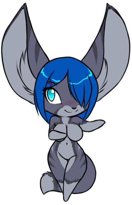 2018 anthro big_breasts big_ears blue_eyes blue_hair blush breasts canine chibi dipstick_tail featureless_breasts female fennec fox fur furball furball_(character) gloves_(marking) hair hair_over_eye inner_ear_fluff looking_at_viewer mammal markings multicolored_tail navel nude simple_background smile socks_(marking) solo standing striped_fur stripes white_background