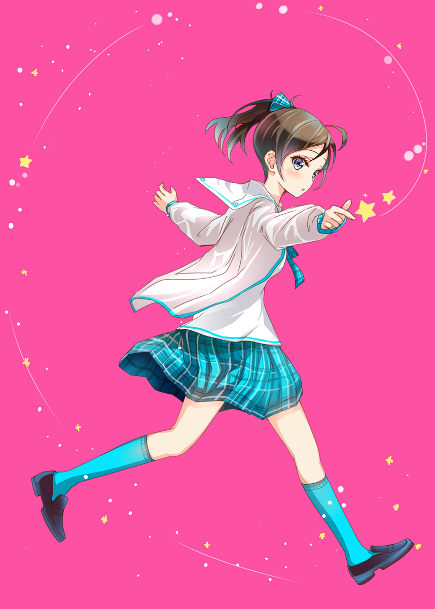 :o black_footwear blue_bow blue_eyes blue_legwear blue_skirt bow brown_hair commentary_request fingernails hair_bow highres keepout kneehighs loafers long_sleeves original outstretched_arm parted_lips pink_background plaid plaid_bow plaid_skirt pleated_skirt sailor_collar school_uniform serafuku shirt shoes side_ponytail skirt solo star white_sailor_collar white_shirt
