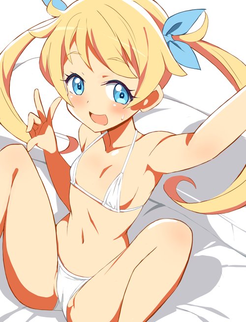 9law blonde_hair blue_eyes breasts commentary hair_ribbon kiratto_pri_chan moegi_emo pretty_(series) ribbon sitting small_breasts smile solo swimsuit twintails white_background white_swimsuit