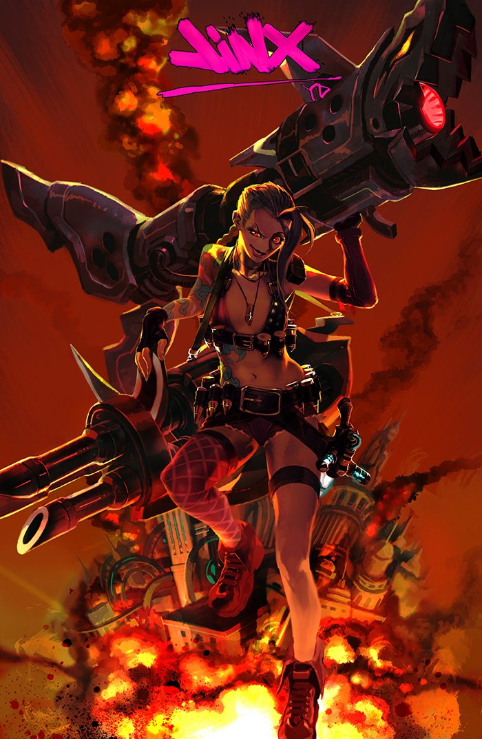 ankle_boots bare_shoulders bazooka black_gloves blue_hair boots breasts cannon character_name commentary_request dog_tags explosion fingerless_gloves gloves gun holding holding_gun holding_weapon huge_weapon jinx_(league_of_legends) league_of_legends long_hair looking_at_viewer mismatched_gloves pink_legwear red_eyes signature single_thighhigh small_breasts smirk solo tattoo thighhighs weapon yang-do