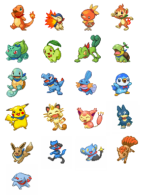 ^_^ bandana bird black_eyes blush_stickers bow bowtie brown_eyes bulbasaur cat charmander chikorita chimchar closed_eyes commentary_request creature cyndaquil eevee elephant fangs fiery_tail fire full_body fushigi_no_dungeon gen_1_pokemon gen_2_pokemon gen_3_pokemon gen_4_pokemon jumping leaf looking_at_viewer looking_away looking_to_the_side lowres meowth miu_(pixiv358902) mudkip munchlax no_humans open_mouth phanpy pikachu piplup pixel_art pokemon pokemon_(creature) pokemon_(game) pokemon_fushigi_no_dungeon red_eyes riolu shinx simple_background sitting skitty smile squirtle standing tail torchic totodile treecko turtwig vulpix walking white_background yellow_eyes