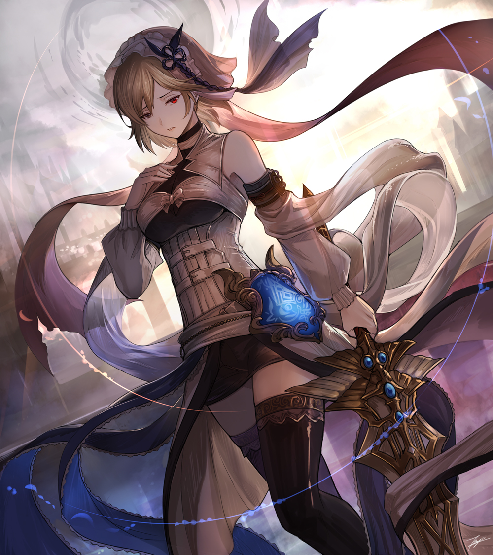 angela_(lord_of_vermilion_iii) angela_(lord_of_vermilion_iii)_(cosplay) arm_at_side black_legwear black_skirt blonde_hair breasts cosplay detached_sleeves djeeta_(granblue_fantasy) dutch_angle feet_out_of_frame granblue_fantasy hair_between_eyes hair_ornament holding holding_sword holding_weapon left-handed lord_of_vermilion lord_of_vermilion_iii medium_breasts miniskirt parted_lips pencil_skirt red_eyes see-through short_hair skirt solo standing sword tenyo0819 thighhighs walking weapon zettai_ryouiki