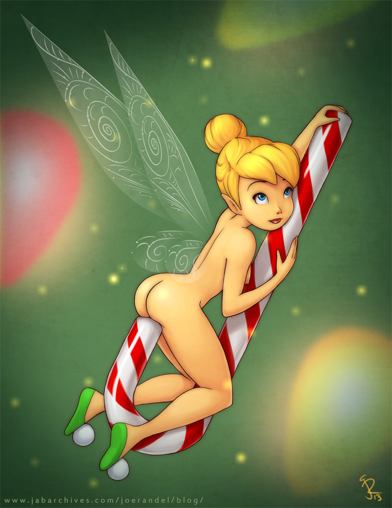 blonde_hair blue_eyes butt candy christmas disney disney_fairies fairy female food hair holidays humanoid joe_randel nipples not_furry nude solo tinkerbell wings