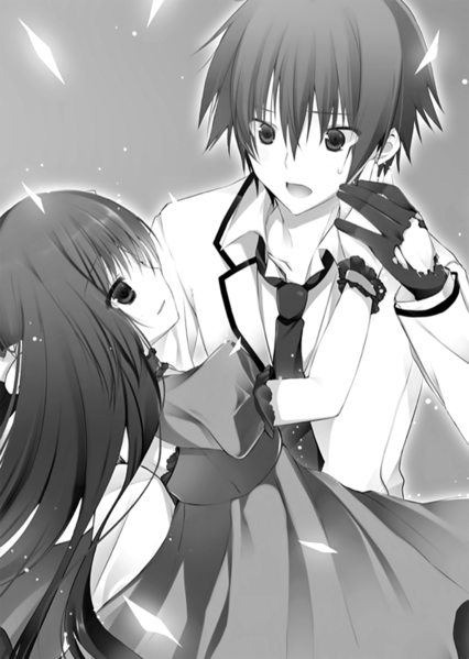 1girl boy kazehaya_kamito monochrome restia_ashdoll seirei_tsukai_no_blade_dance