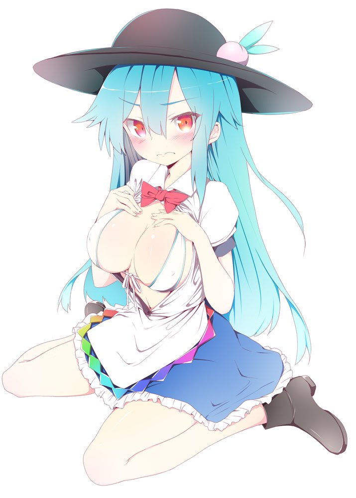 bare_legs black_footwear blue_hair blue_skirt blush bow bowtie breasts breasts_outside cleavage closed_mouth collaboration collared_shirt commentary_request eyebrows_visible_through_hair food front-tie_bikini front-tie_top frown fruit full_body hair_between_eyes hands_on_own_chest hinanawi_tenshi large_breasts long_hair looking_at_viewer maturiuta_sorato miniskirt navel nirap open_clothes open_shirt peach puffy_short_sleeves puffy_sleeves red_eyes red_neckwear shiny shiny_hair shirt shoes short_sleeves sitting skirt solo string_bikini touhou wariza wavy_mouth white_bikini_top white_shirt wing_collar