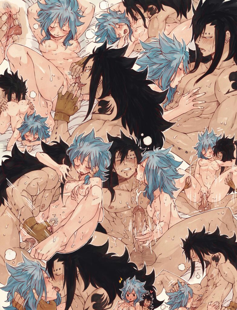 1boy 1girl arms_around_neck bed black_hair blue_hair blush breasts clenched_teeth cunnilingus ejaculation fairy_tail fellatio fingering gajeel_redfox gloves handjob interracial kiss levy_mcgarden lip_biting long_hair missionary muscles nipple nipple_lick nude penis pussy romantic sex steam suspended_congress sweat tongue uncensored wrist_grab
