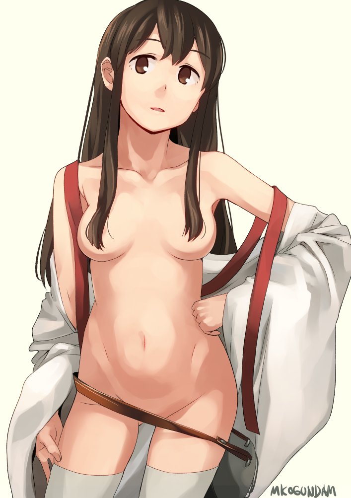 1girl akagi_(kantai_collection) areola_slip areolae bangs breasts brown_eyes brown_hair collarbone convenient_censoring hair_over_breasts japanese_clothes kantai_collection long_hair makio_(makiomeigenbot) medium_breasts navel nude solo straight_hair thighhighs