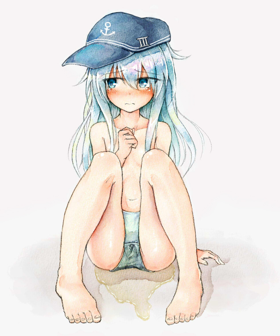 1girl anchor_symbol black_hat blue_eyes blush breasts collarbone embarrassed eyebrows_visible_through_hair feet female full_body hand_up hat hibiki_(kantai_collection) jpeg_artifacts kantai_collection long_hair looking_away looking_to_the_side navel open_mouth panties peeing peeing_self puddle shiny_skin silver_hair simple_background sitting small_breasts solo tears textless topless traditional_media underwear underwear_only watakarashi wet_clothes wet_panties white_background white_panties
