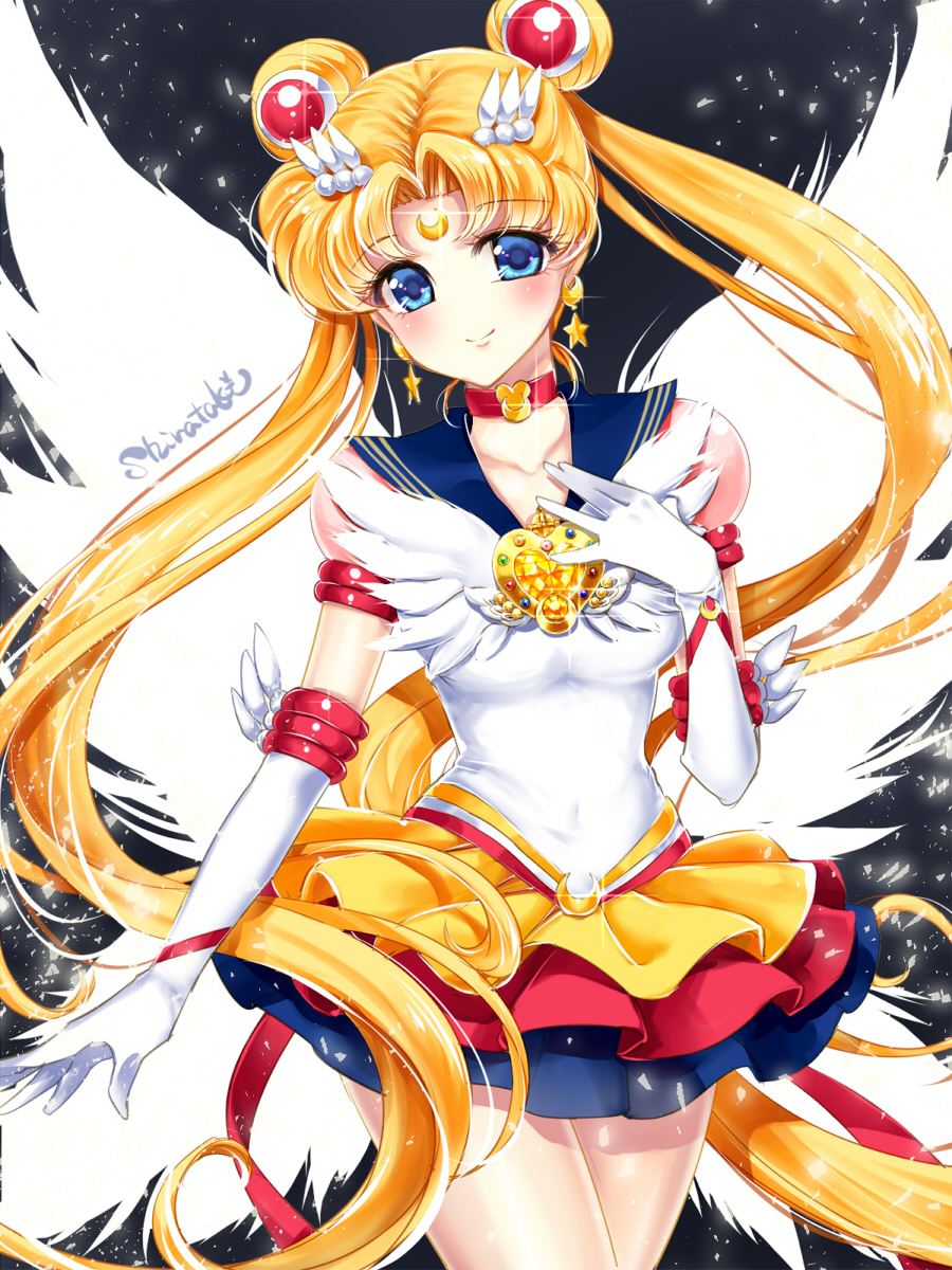 bangs bishoujo_senshi_sailor_moon blonde_hair blue_eyes blue_sailor_collar blush brooch choker closed_mouth cowboy_shot crescent double_bun earrings elbow_gloves eternal_sailor_moon facial_mark forehead_mark gloves hair_ornament hairpin hand_on_own_chest highres jewelry layered_skirt long_hair looking_at_viewer magical_girl no_nose parted_bangs red_neckwear sailor_collar sailor_moon shirataki_kaiseki signature smile solo tsukino_usagi twintails white_gloves white_wings wings