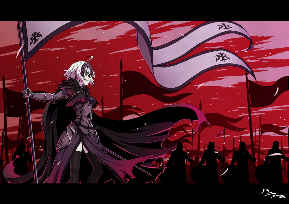 ahoge armor army black_border border breasts cape fate/grand_order fate_(series) flag grin h-new jeanne_d'arc_(alter)_(fate) jeanne_d'arc_(fate)_(all) profile red_sky signature sky smile sword thighhighs weapon white_hair yellow_eyes