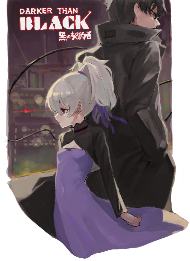 1girl black_eyes black_hair breasts closed_mouth coat copyright_name darker_than_black dress expressionless grey_hair hands_in_pockets hei long_sleeves ponytail profile purple_dress red_eyes short_hair small_breasts suisogenshi yin