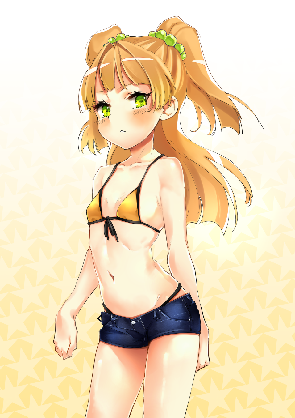 bare_shoulders bikini bikini_under_clothes blonde_hair blush collarbone commentary cowboy_shot denim denim_shorts eyelashes front-tie_bikini front-tie_top gradient gradient_background green_eyes hair_bobbles hair_ornament highres idolmaster idolmaster_cinderella_girls jougasaki_rika long_hair looking_at_viewer navel parted_lips short_shorts shorts solo star starry_background sumi_(oyasumie) swimsuit thighs two_side_up