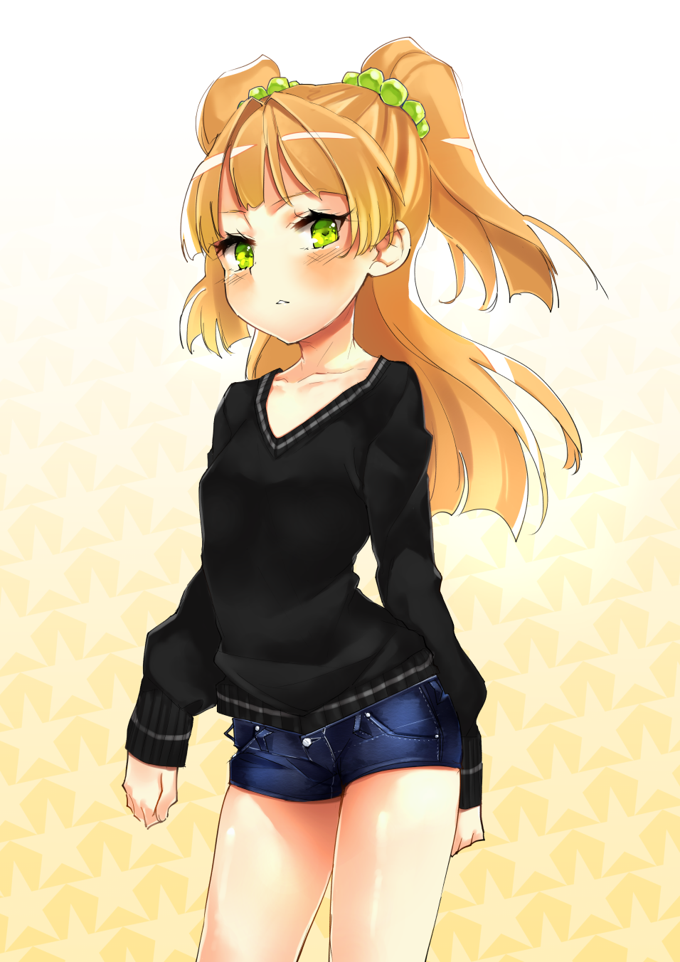 black_sweater blonde_hair blush collarbone commentary cowboy_shot denim denim_shorts eyelashes gradient gradient_background green_eyes hair_bobbles hair_ornament highres idolmaster idolmaster_cinderella_girls jougasaki_rika long_hair long_sleeves looking_at_viewer parted_lips short_shorts shorts sleeves_past_wrists solo star starry_background sumi_(oyasumie) sweater thighs two_side_up