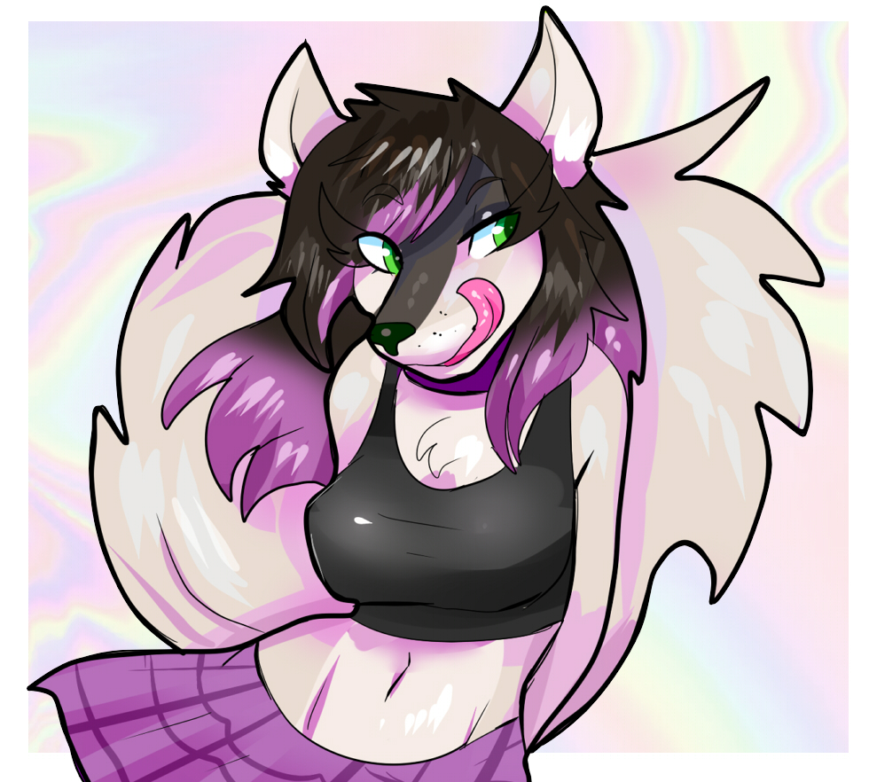 2018 amethystdust anthro black_hair breasts canine clothed clothing collar digital_media_(artwork) female fluffy fluffy_tail fur green_eyes hair kyoko_komurasaki long_hair mammal midriff multicolored_hair purple_hair shirt simple_background skirt smile solo standing tank_top tongue tongue_out wolf