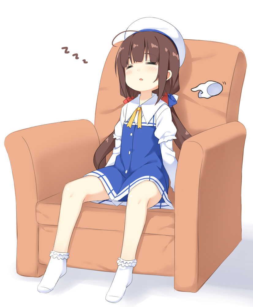 :o ahoge armchair bangs beret blue_dress blush bobby_socks chair closed_eyes commentary_request disembodied_limb dress eyebrows_visible_through_hair facing_viewer hat hatsunatsu hinatsuru_ai long_hair long_sleeves low_twintails no_shoes parted_lips puffy_short_sleeves puffy_sleeves ryuuou_no_oshigoto! school_uniform short_over_long_sleeves short_sleeves sitting sleeping sleeping_upright socks solo twintails very_long_hair white_background white_hat white_legwear zzz